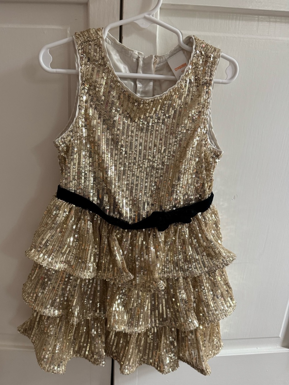 Gymboree Girls Gold Sequin Tiered Party Dress with Black Belt- size 5T